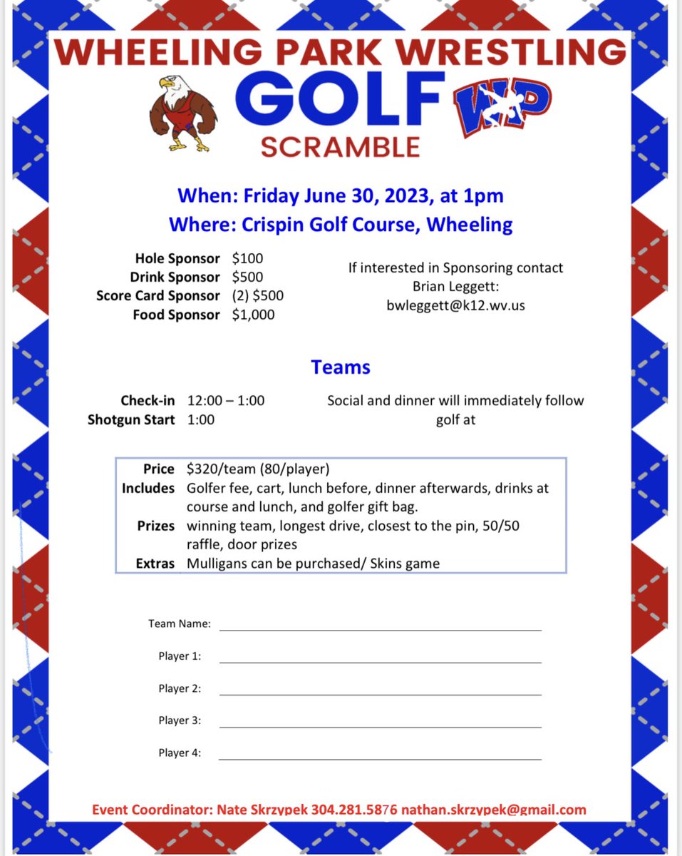 🔴🤼‍♂️🏌️Our Golf Scramble is this Friday! 🏌️🤼‍♂️🔵

We had a couple spots for teams just open up and still have some room for sponsors. 
Each golfer gets a gift pack and each sponsor gets a custom golf flag. 

Contact us if interested! 

#invested