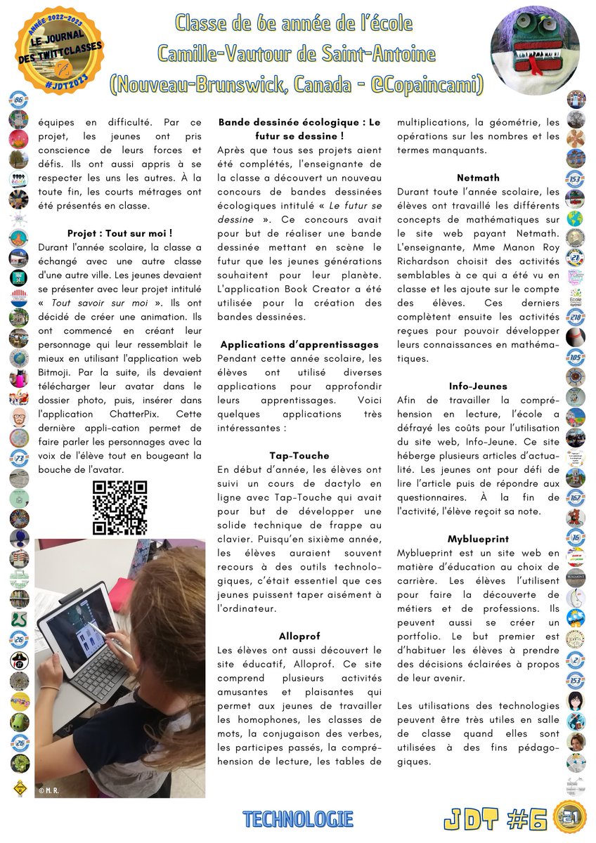#UnArticleDuJdT
Pour cette 14e, nous vous proposons l'article des 6es de <a href="/Copaincami/">Studio Copaincami</a> (#NouveauBrunswick #Canada) dans le Journal des TwittClasses. #JdT2023🗞️
Il parle des outils technologiques utilisés par les élèves et se trouve en pages 20 et 21 du JdT.
Bonne lecture !