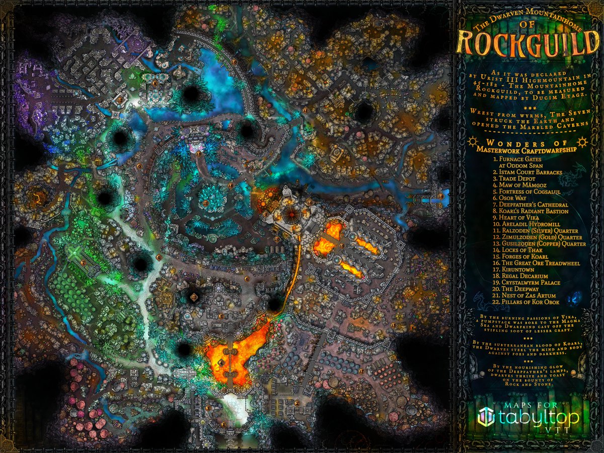 Frontiermaps's tweet image. A collab with @Tabyltop - The Mountainhome of Rockguild, a Dwarf Fortress inspired cavern city.

Tried to keep things from being too muted here. Surprisingly hard to find light sources in a cave.