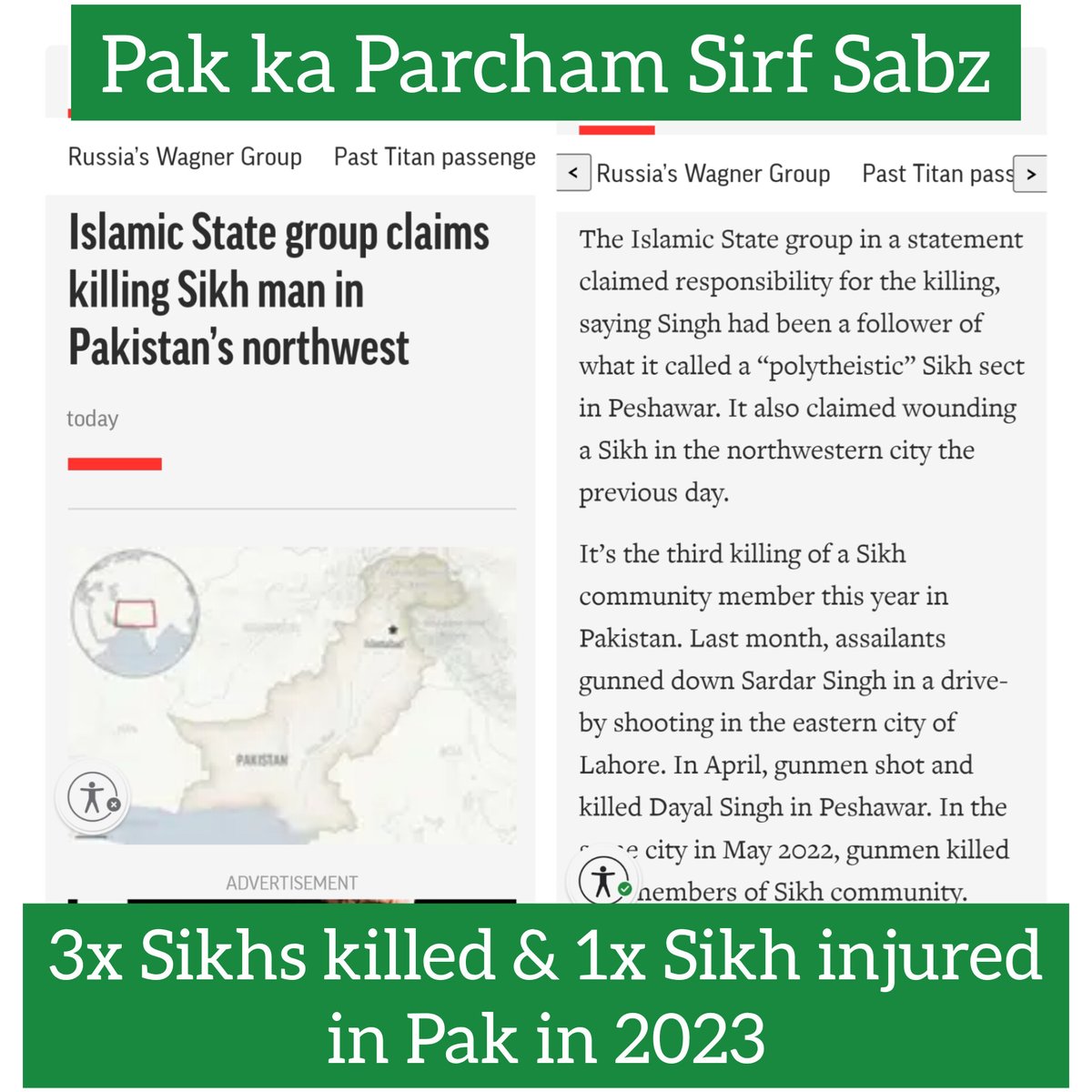 #PakKaParchamSirfSabz 
3x #Sikhs kiled & 1x #Sikh injured in #Pakistan in 2023.
#SanctionPakistan @USCIRF
#BlackListPakistan @EU_Commission
Do see @MEAIndia @AdityaRajKaul @rsrobin1 @JavedBeigh @MikaSingh
Link
apnews.com/article/pakist…