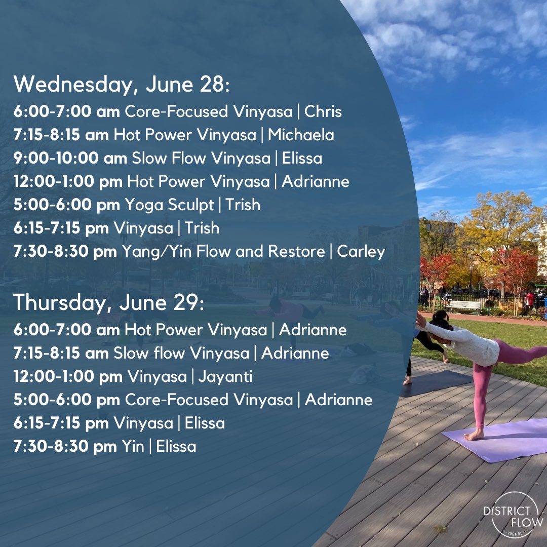 District_Flow's tweet photo. This week’s schedule is up! Spend your summer with us by joining us for yoga classes offered everyday! Sign up now on our website or app! https://t.co/fjvGVUnRhn
