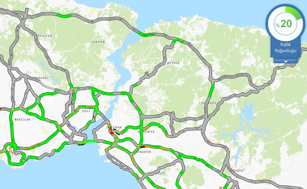 İstanbul'da Pazar günü akşam 7 civarı trafik yoğunluğu %20'ye düştü.