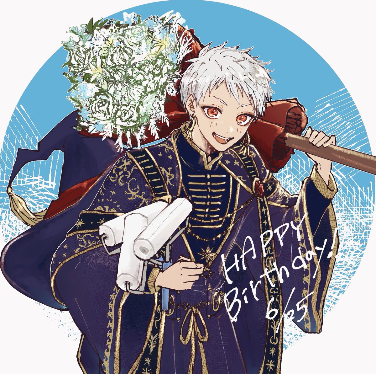 1boy male focus flower solo white hair holding looking at viewer  illustration images