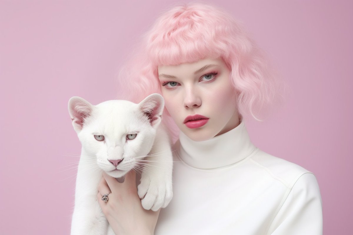 Medium format shut of super modern fashion albino model, next a very huge pink panther, the model is wearing white fashion outfit, feminine body, simple background, pastel color

#AIArtCommunity #AIgirls #AIArt #NFT #Midjourney5 #MidjourneyAI