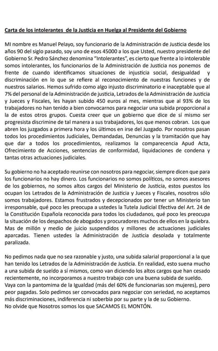 Dani_64's tweet photo. Carta de los “intolerantes funcionarios de justicia” al Presidente del Gobierno de España y Secretario General de un partido presuntamente progresista #HuelgaJusticia69Dias #GobiernoClasista #HuelgaJusticia @pilar_llop @justiciagob @sanchezcastejon @PSOE https://t.co/ERjFdnDJKD