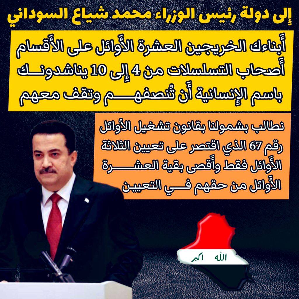 الى جميع الوزراء ورئاسة البرلمان والنواب يجب أن تنصفونا وتستجيبوا لمطالبنا بتعديل قانون 67 لسنة 2017 وشمول الخريجين العشرة الأوائل بالتعيين فهم فئة متفوقة وأصحاب كفاءات..
العشرة الأوائل على الأقسام
#اول_عشـــره_تناشد_السوداني
<a href="/mohamedshia/">محمد شياع السوداني</a>