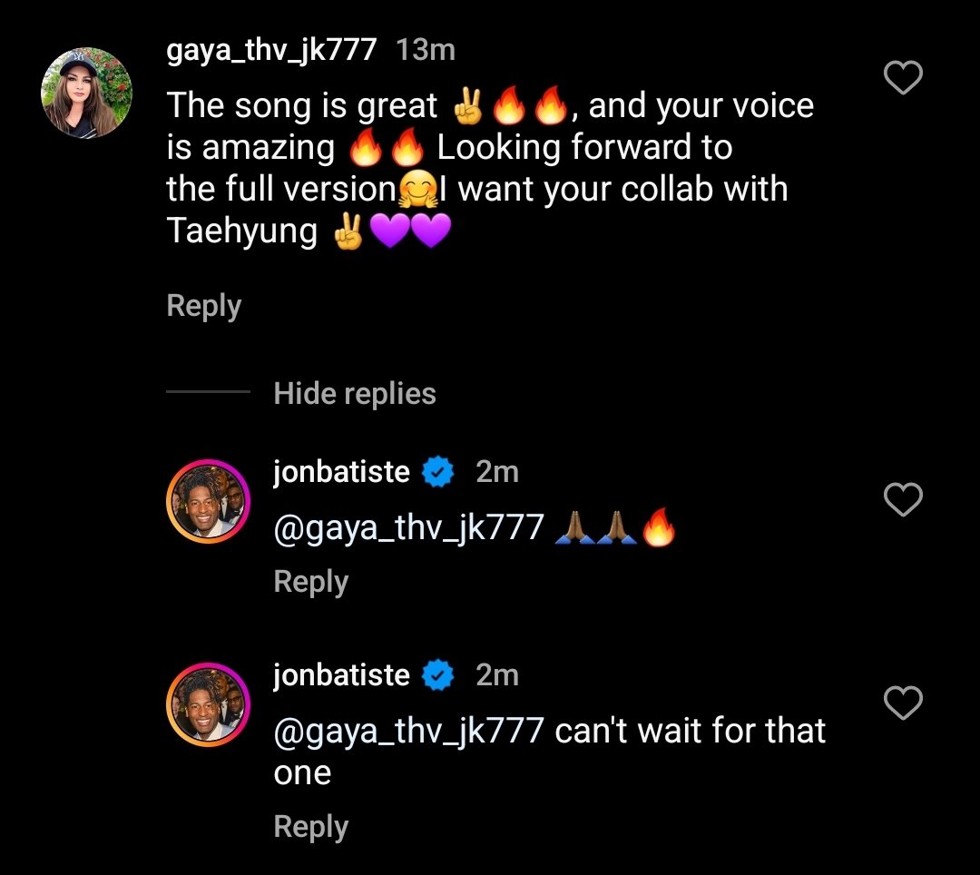 Jon Batiste replies to a comment on his latest IG post about collaborating with Taehyung

🗣️ 'can't wait for that one'