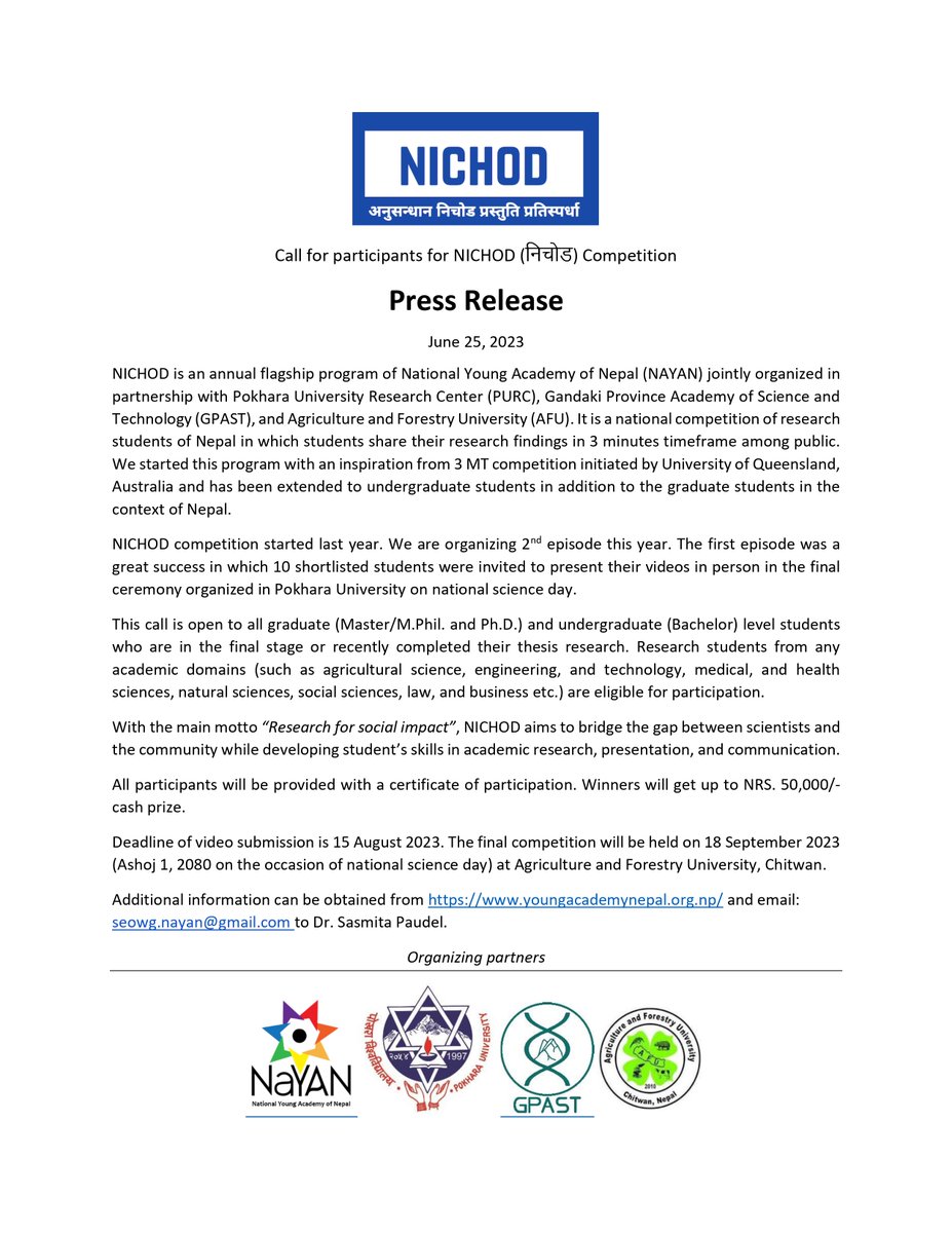 youngacademynp's tweet photo. #NICHOD team released a press note today to highlight the program which is currently accepting submissions. We request you to disseminate the information in your media and organization/network.

Details: https://t.co/Qj64hJEOpw

@gobindapkl @Chhatrakarki @mukeshjeee
@Maninagarik https://t.co/DaUDQKLbGr