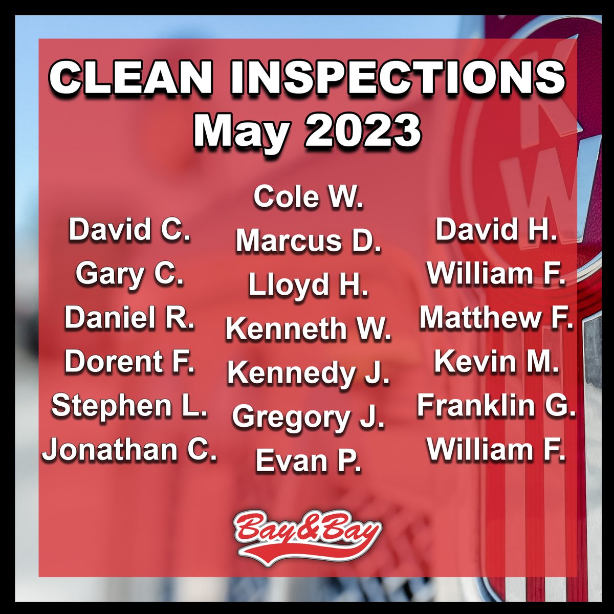 👏🏼 👏🏼 We're proud to recognize our drivers who received clean inspections in May! Thank you for your contributions to our team and our customers.👏🏼🙌🏼

Did you know we give bonuses for clean inspections? We want to see your name on this list next! 👇🏼🤩💰