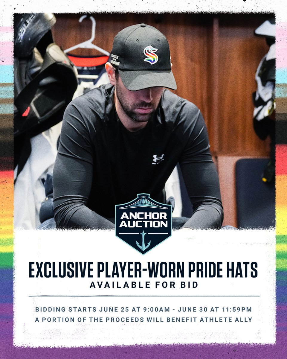 Graphic that features a photo of Justin Shultz wearing a Kraken pride hat, the anchor auction logo and text that reads "Exclusive Player-Worn Pride hats available for bid, bidding starts June 25th at 9am PT through June 30th and 11:59pm PT, a portion of the proceeds will benefit athlete ally.