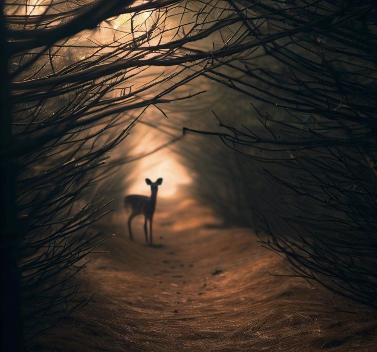 Cherish magical moments in nature. #MorningWalkMeditation #NatureEncounters #PineForestMagic #DeerGazing

morning walk on a path of deep pine needles making eye contact with a young dear through the bare pine branches