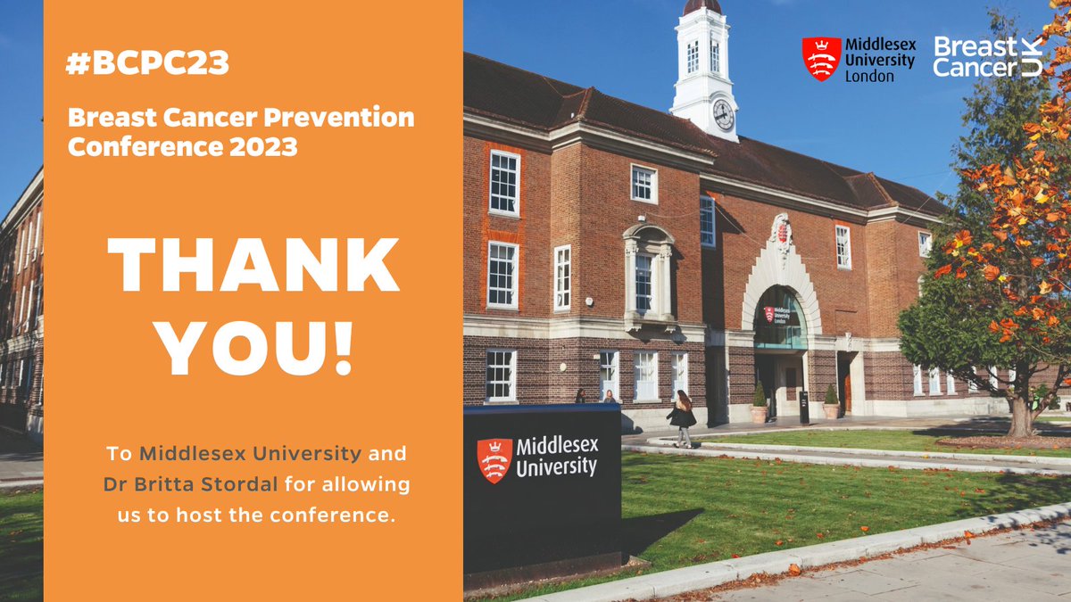 We want to say a huge thank you to @MiddlesexUni for hosting the Breast Cancer Prevention Conference and of course, to our very own Vice Chair Dr @BrittaStordal who has been instrumental in putting this conference together 🧡 

We couldn’t have done it without you! 

#BCPC23