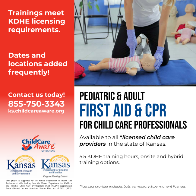 SalineCoHD's tweet photo. Attention: Child Care Professionals! 

Don't miss out on this valuable training! 

Take a day to learn pediatric and adult first aid and CPR. A few hours of your time could mean the difference between life and death.

#KSPrepared #FirstAid #CPR #SaveALife https://t.co/NxkXnR7RQG