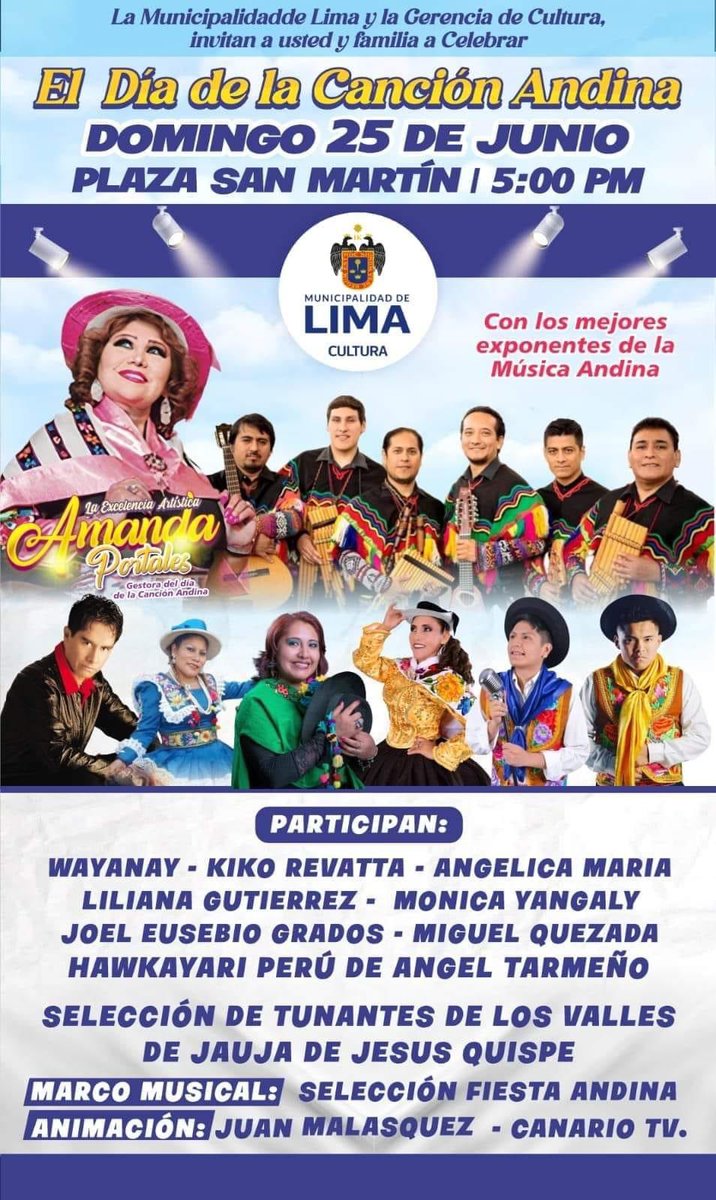 AmandaPortales's tweet photo. Hoy todos a la #PlazaSanMartin a celebrar el #DiaDeLaCancionAndina 🇵🇪🎶 IngresoLibre https://t.co/g9IQoCwBLV