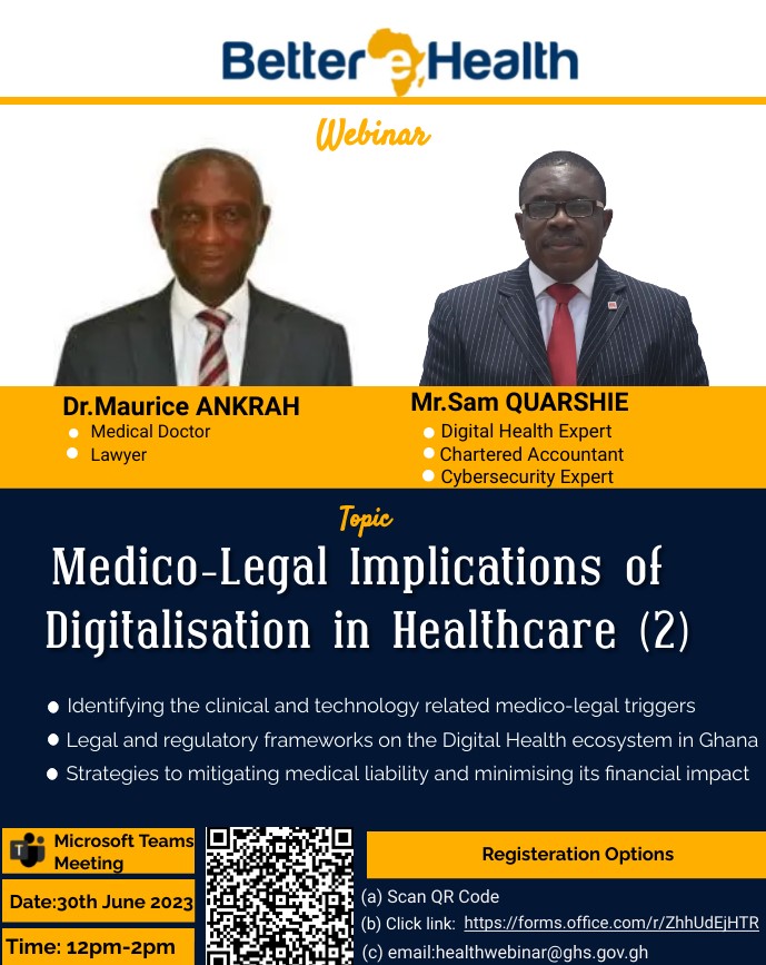 zibbaygh's tweet photo. The BETTEReHEALTH Project is organising a webinar on the theme “Medico-Legal implications of Digitalisation in Healthcare”. The webinar is on the 30th June 2023 from 12noon to 2pm GMT. Please REGISTER and participate in the webinar via the link https://t.co/btkXeTzTr0 https://t.co/Kc73nFrMOf