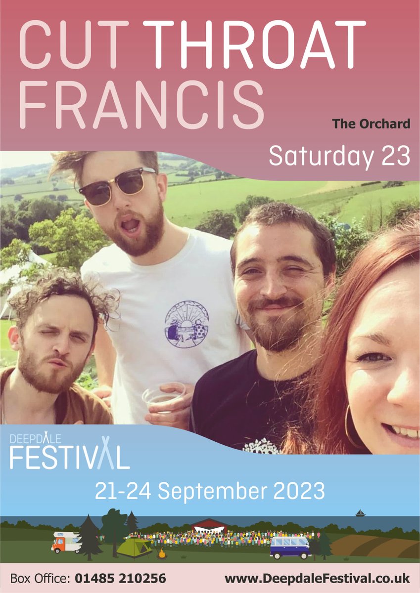 <a href="/ctfmusic/">Cut Throat Francis</a>
Saturday - Orchard
Deepdale Festival 2023
deepdalecamping.co.uk/festival/progr…

Cut Throat Francis are a Bristol based Balkan Swing band….kind of. They are a four-piece band formed in the summer of 2017 combining folk, swing and upbeat Eastern...