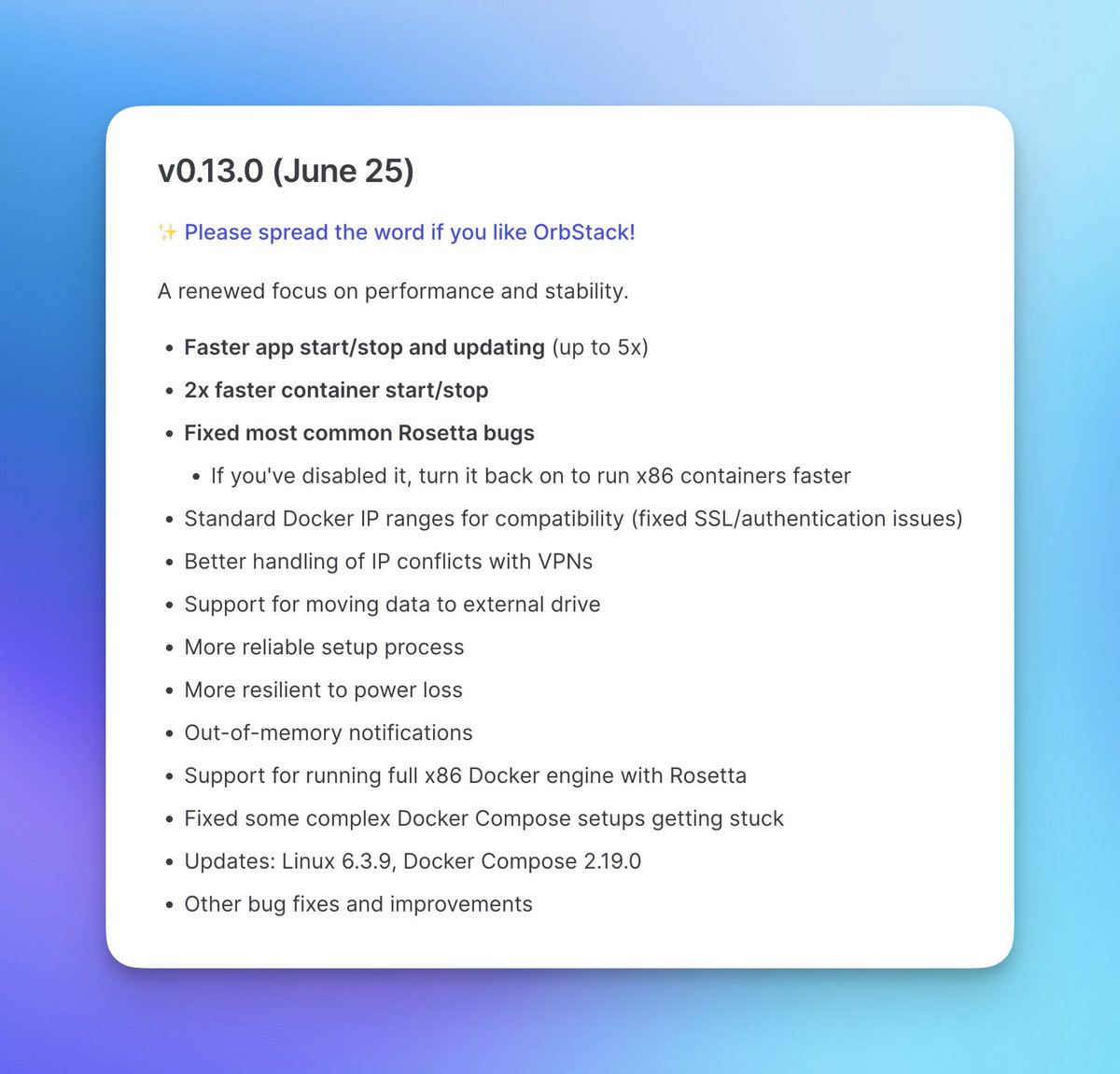OrbStack's tweet image. OrbStack v0.13.0 released with a renewed focus on performance and stability! docs.orbstack.dev/release-notes#…
⚡️ 2–5x faster app start/stop
⚡️ 2x faster container start/stop
✨ Fixed most Rosetta bugs! Enjoy faster x86 builds.
🛠️ Compatibility, stability, UX improvements