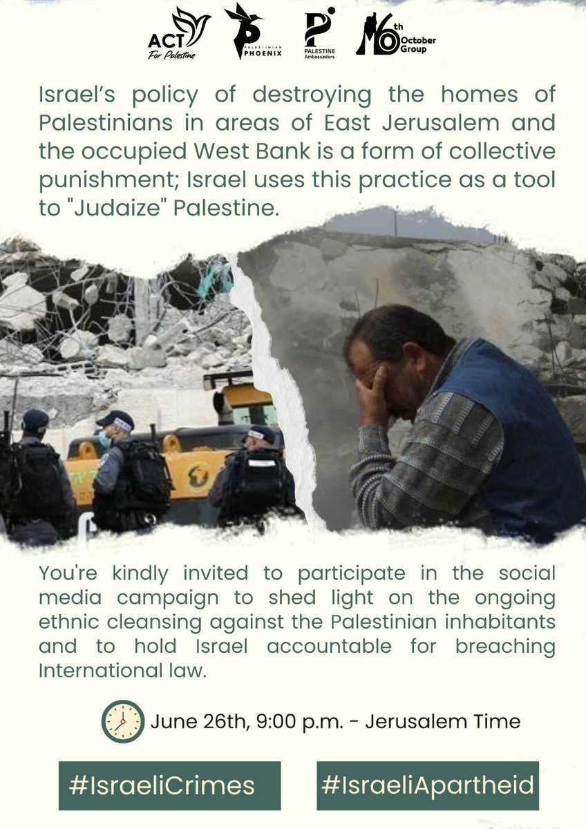 You're kindly invited to participate in the social media campaign to shed light on the ongoing ethnic cleansing against the Palestinian inhabitants and to hold Israel accountable for breaching International law.
⏱️ Join us on June26th,9:00p.m. Jerusalem Time
#IsraeliApartheid