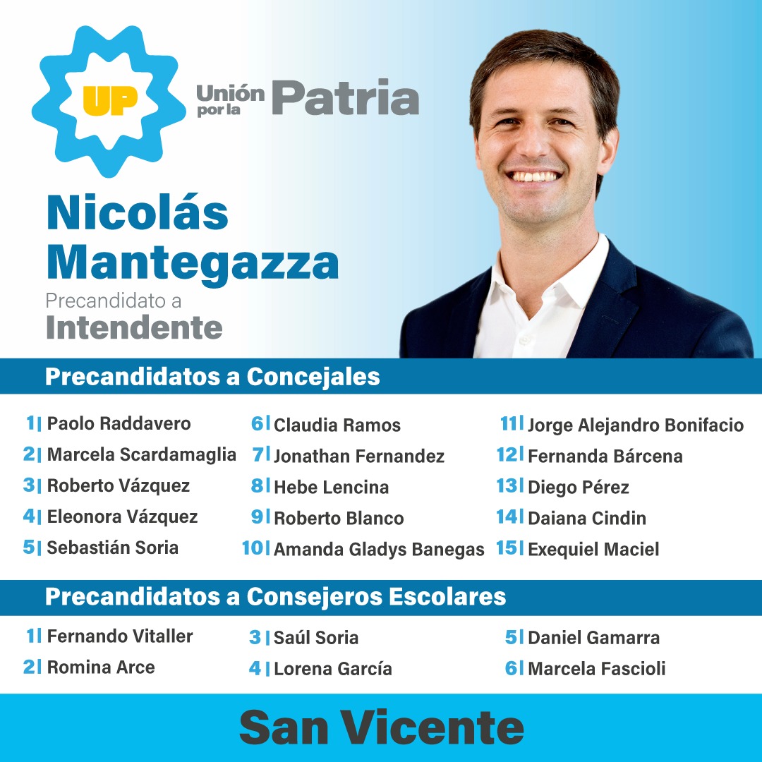 nico_mantegazza's tweet photo. Presentamos la lista de Unión por la Patria San Vicente que sintetiza el trabajo en conjunto, la unidad y el esfuerzo por transformar San Vicente.

Nuestra prioridad es seguir cuidando a los vecinos y vecinas, y brindarles una mejor calidad de vida igualando oportunidades. https://t.co/DDKUiJVsvZ