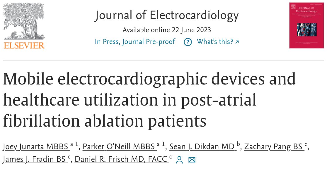 We showed that mECG use reduced ambulatory cardiac monitor use in the post-ablation period. It did not reduce the number of office/ED visits, hospital admissions, or telephone/EMR patient messages. @SDikdan @FrischMd @TJHeartFellows #CardioTwitter #EPeeps doi.org/10.1016/j.jele…