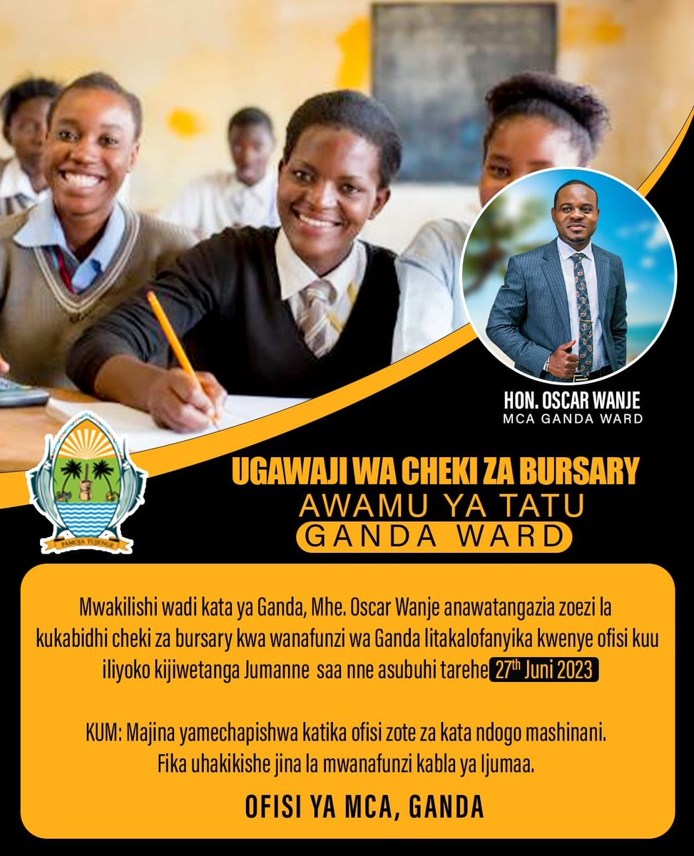 UGAWAJI WA CHEKI ZA BASARY- AWAMU YA TATU

Nawaalika wakaazi wa Ganda katika zoezi za kukabidhi cheki za bursary kwa wanafunzi wa Ganda likalofanyika katika ofisi kuu iliyoko Kijiwetanga Jumanne saa nne asubuhi 27th Juni 2023.