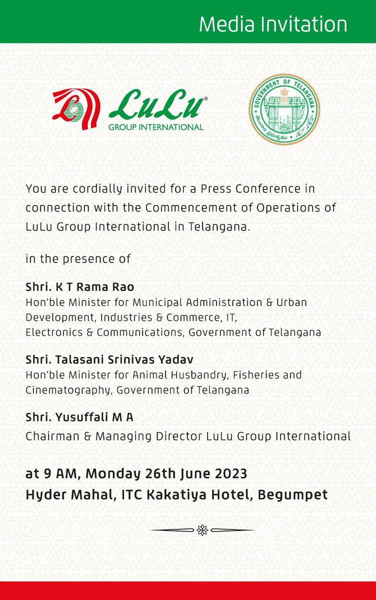 BIG NEWS

commencement of operations of LuLu group international in Telangana state 

Min @KTRBRS & @LuLuGroup_India chairman @Yusuffali_MA to address a press conference tomorrow 
#Hyderabad #TriumphantTelangana