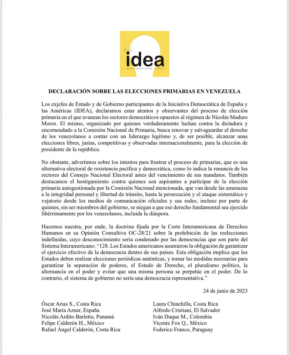 MariaCorinaYA's tweet image. Agradecida por esta iniciativa del @IDEA_Grupo, suscrita por 28 expresidentes de Iberoamérica.

Contamos con ustedes para que éste sea un proceso con una alta participación, que genere toda la confianza y acompañado por los demócratas del mundo. 

@asdrubalaguiar