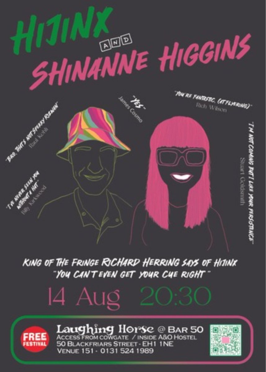 I'm delighted to announce I'll be bringing my show Hijinx and Shinanne Higgins to Edinburgh Fringe Festival with my sidekick Liam GreenJacket @twitershit 🤩 #edfringe #fillupyerboots