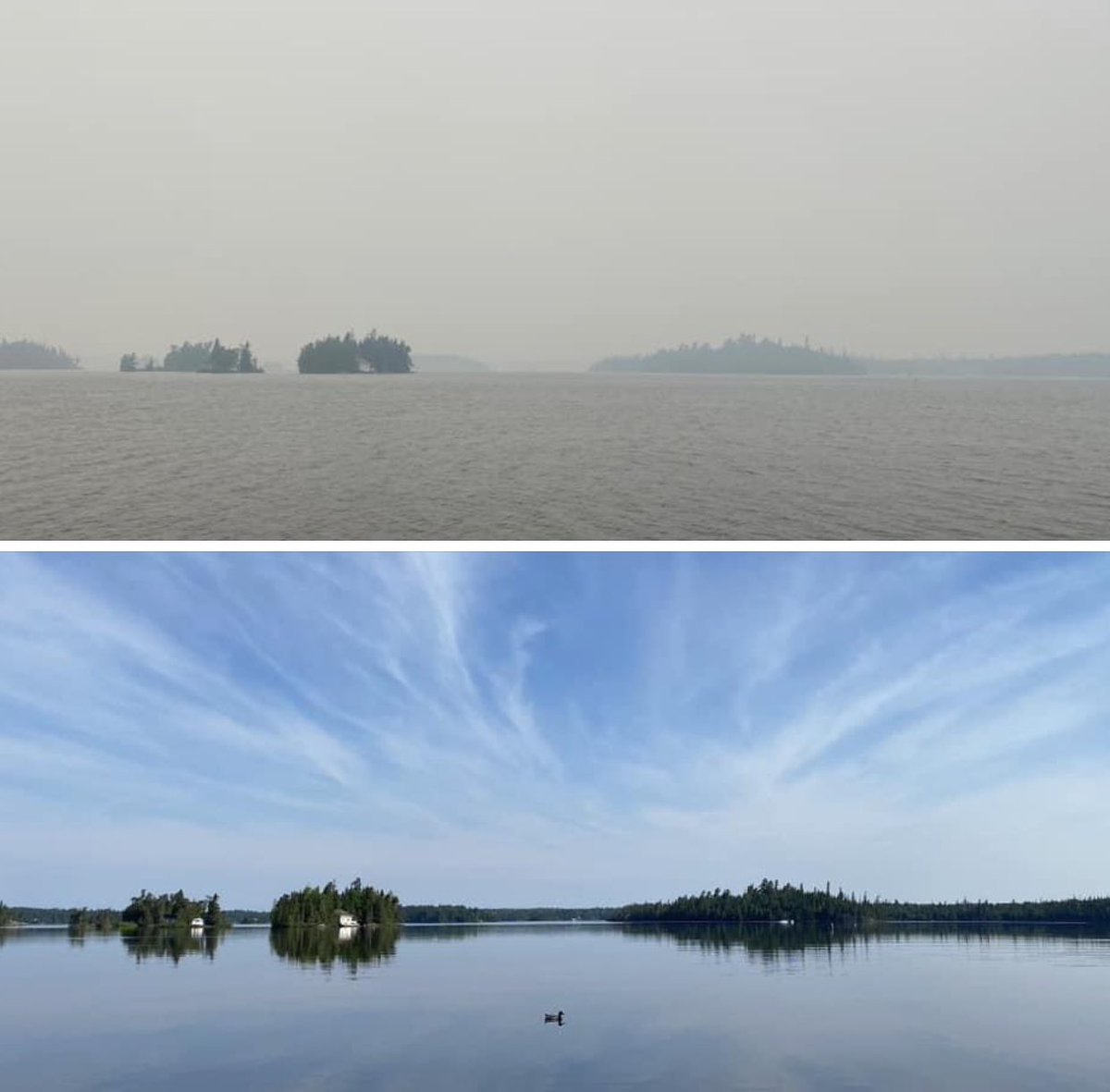 LuceMoore's tweet photo. @Ross_Hull Here is a pic of the wildfire smoke affecting us at Sesekinika Lake.  (What it is and what it should be) https://t.co/ERitArIXm8