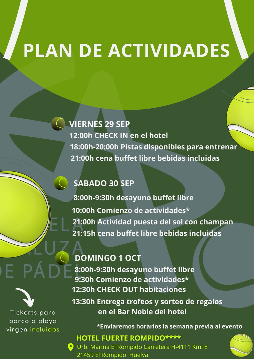 eapadel's tweet photo. ESCAPADA DEPORTE Y FAMILIA
FUERTE EL ROMPIDO****
29-30 SEPTIEMBRE y 1 de OCTUBRE 2023
Desde 250,00€
-Alojamiento
-Desayuno y cena buffet libre con bebidas incluidas

Información:
Teléfono: 685156243
e-mail : eapadel@hotmail.com

Inscripción:
https://t.co/qBLPFYteIN https://t.co/uvJe5fIvLX