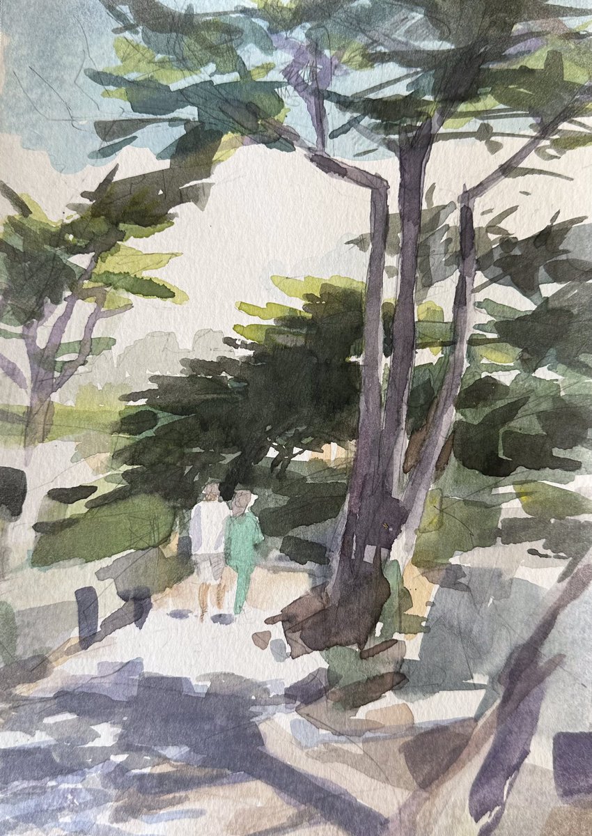 Carmel Beach Walk, Sunday afternoon mood. Watercolor from one of my favorite places in the world! 9 x 7 #CaliforniaDreaming #Watercolor #CarmelByTheSea #BeachCouple #Beach #CarmelBeach #Californiaart #PleinairPainting