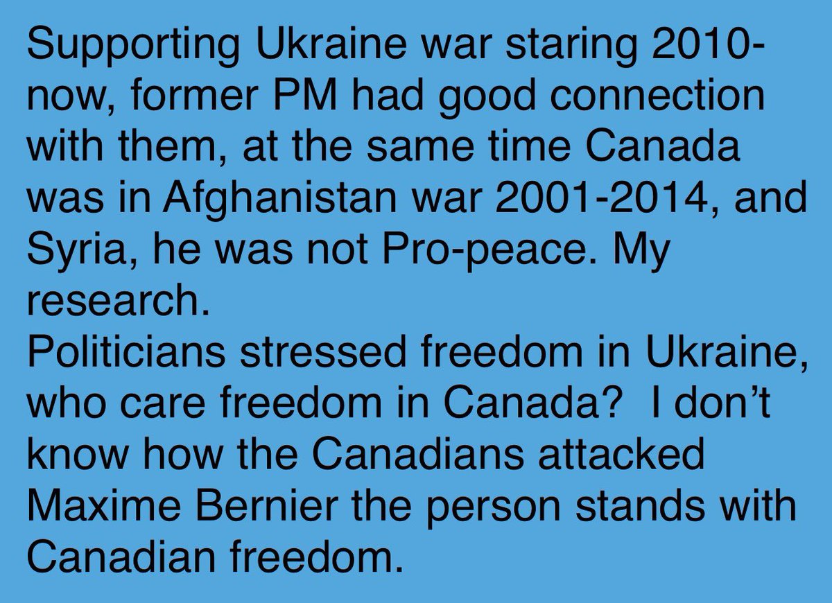 @phil_rack Supporting Ukraine war staring 2010-now, former PM had good connection with them, at the same time Canada was in Afghanistan war 2001-2014, and Syria, he was not Pro-peace. My research.
Politicians stressed freedom in Ukraine, who care freedom in Canada?  I don’t know how the…