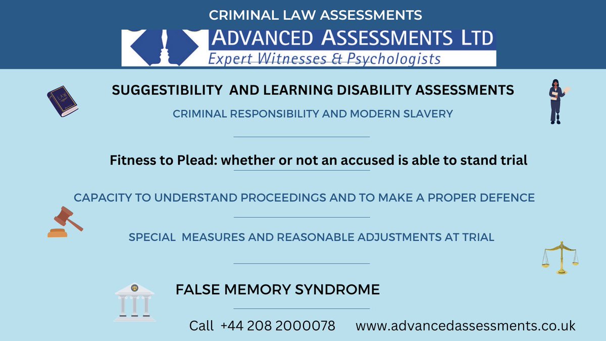 Expert psychologists assessments in criminal law cases are critical to ensure neurodiverse  defendants and witnesses with mental health problems have a fair trial.   

Find out about how we help solicitors, barristers and courts ☎️ +44 2082000078
💻 advancedassessments.co.uk