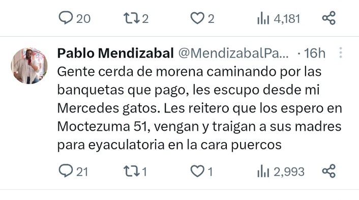 Por qué @TwitterSeguro @TwitterMexico le permiten al obeso nauseabundo de @MendizabalPabl0  tantos insultos al hijo menor de nuestro presidente y a las personas pobres? 
Hay que ponerle un alto a ese gigantón con panzanocha, está red social será mejor sin el, reporten su cuenta.