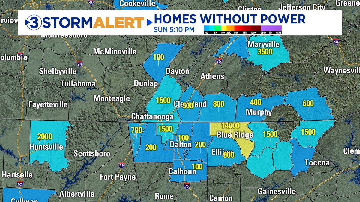 Local3Thunder's tweet photo. Current estimated homes without power by county.  @DavidKarnes3 https://t.co/INQv4AfdXH