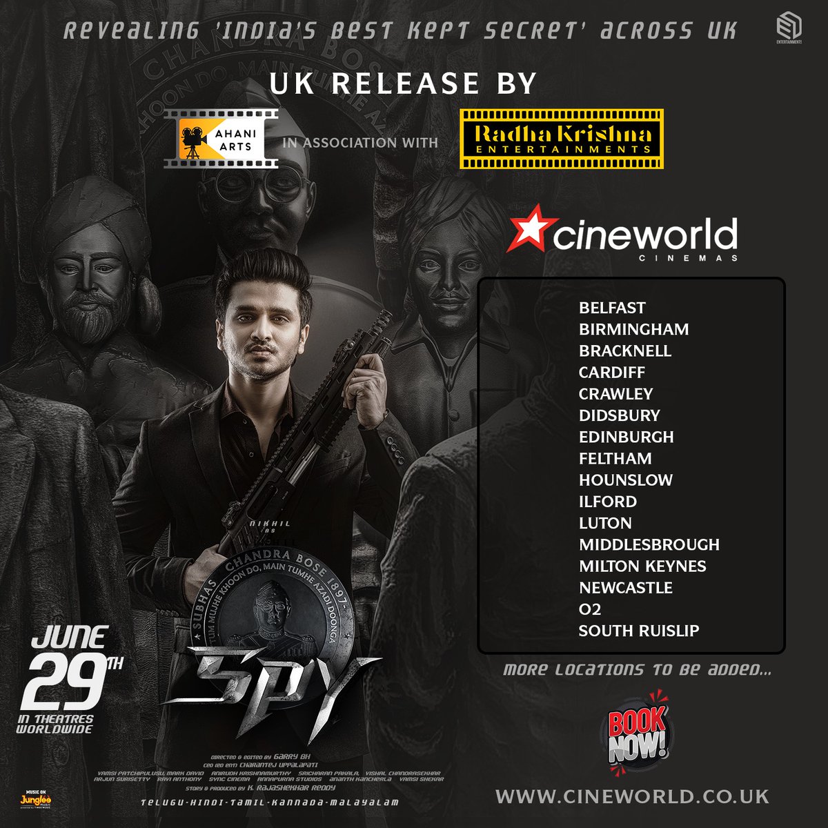 ahaniarts's tweet photo. @actor_Nikhil Striking towards collections across Uk 🇬🇧
#spy - Roaring with a tremendous Box office!! Gear up your speed to grab the tickets..
June 29th - Ready to hunt 💥

@Cinemania_World @tolly_UK_US_EU  @idlebraindotcom @Venkatupputuri @boppana999 
@tejuppalapati @GARRYBH https://t.co/fhCuqUgFn5
