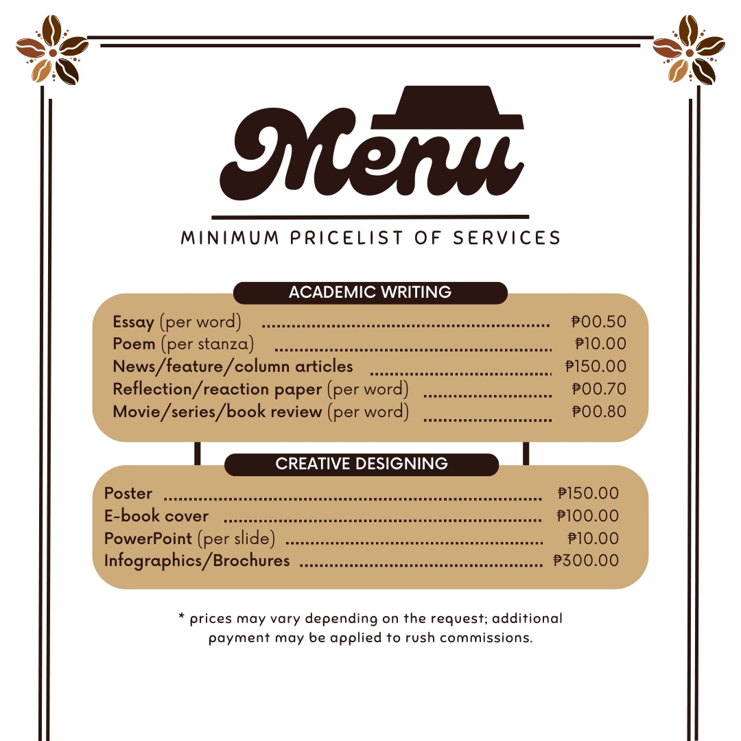 beancecafe's tweet photo. hi! here’s the latest pricelist on the cafe’s commission services! last updated on: 06.26, 2023 ☕ 

#academiccommissions
#academictwitter https://t.co/II9EUtud8e