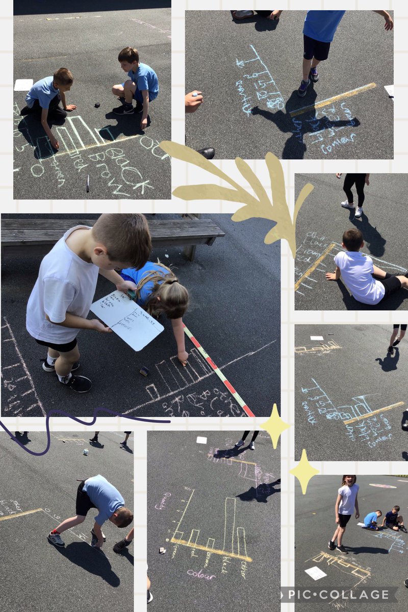 Year 3HB mixed maths and P.E! After recapping the important skills needed when orienteering, teams set off to find quantities of objects of varying colours and tallied these in a table. They then transferred their data on to practical bar charts using chalk!📊☀️@simonsideschool