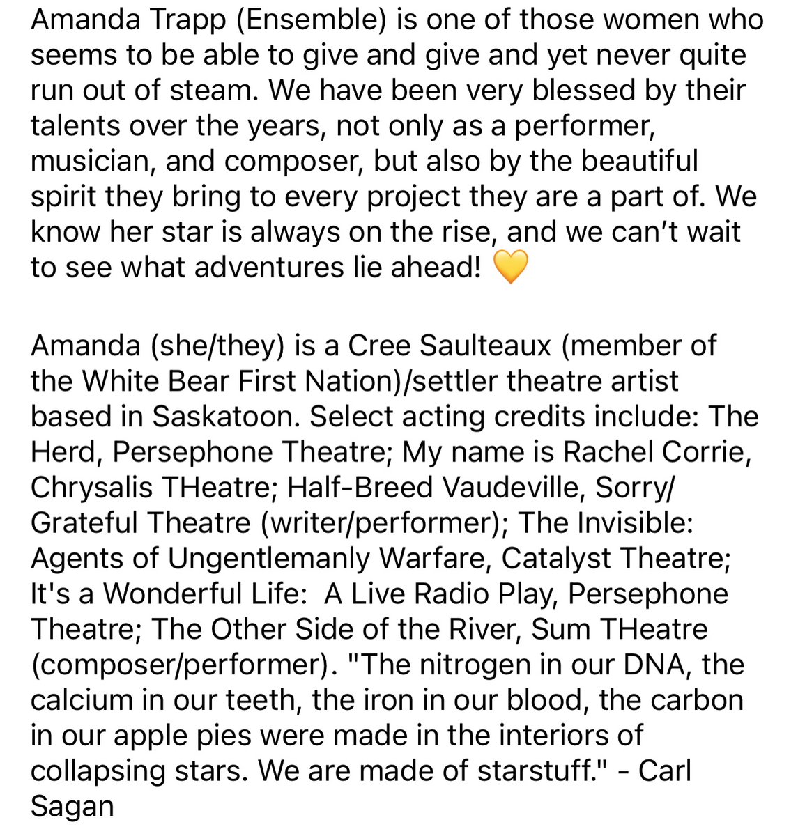 MEET THE TEAM!! 🚀
Amanda Trapp (Ensemble) 
💛💛💛

#meettheteam #zerogravity 
#theatreinthepark #sumtheatre 
#yxearts 
#yxe