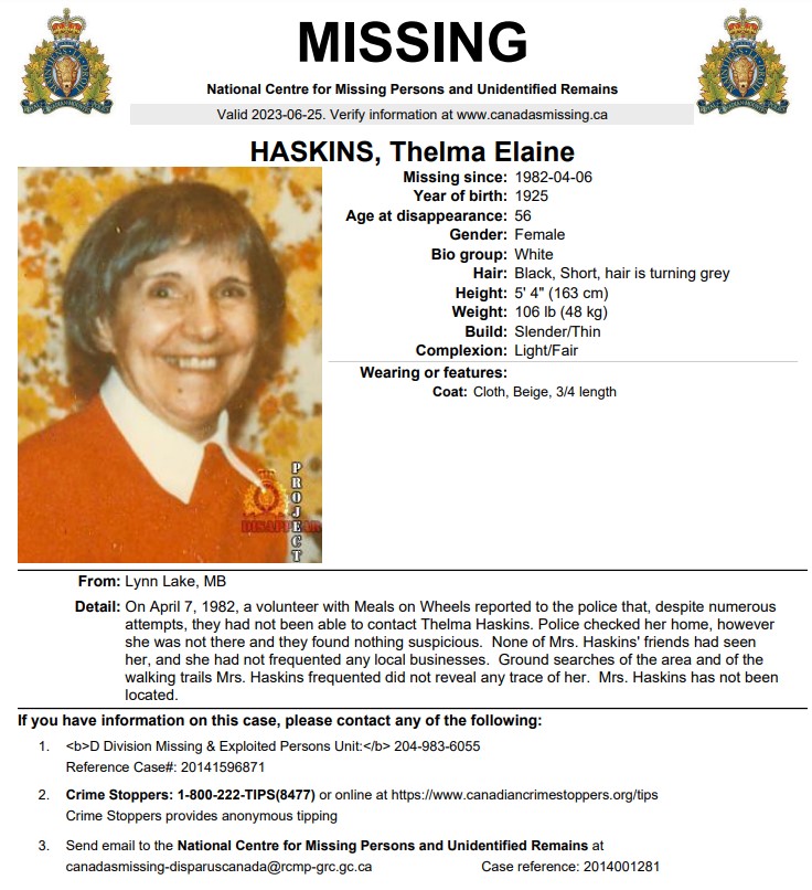 #Missing - Thelma Elaine Haskins
Missing Since - April 6, 1982
Missing From - #LynnLake, #Manitoba, #Canada
Case reference: 2014001281

#Unforgotten #ShareThisPost