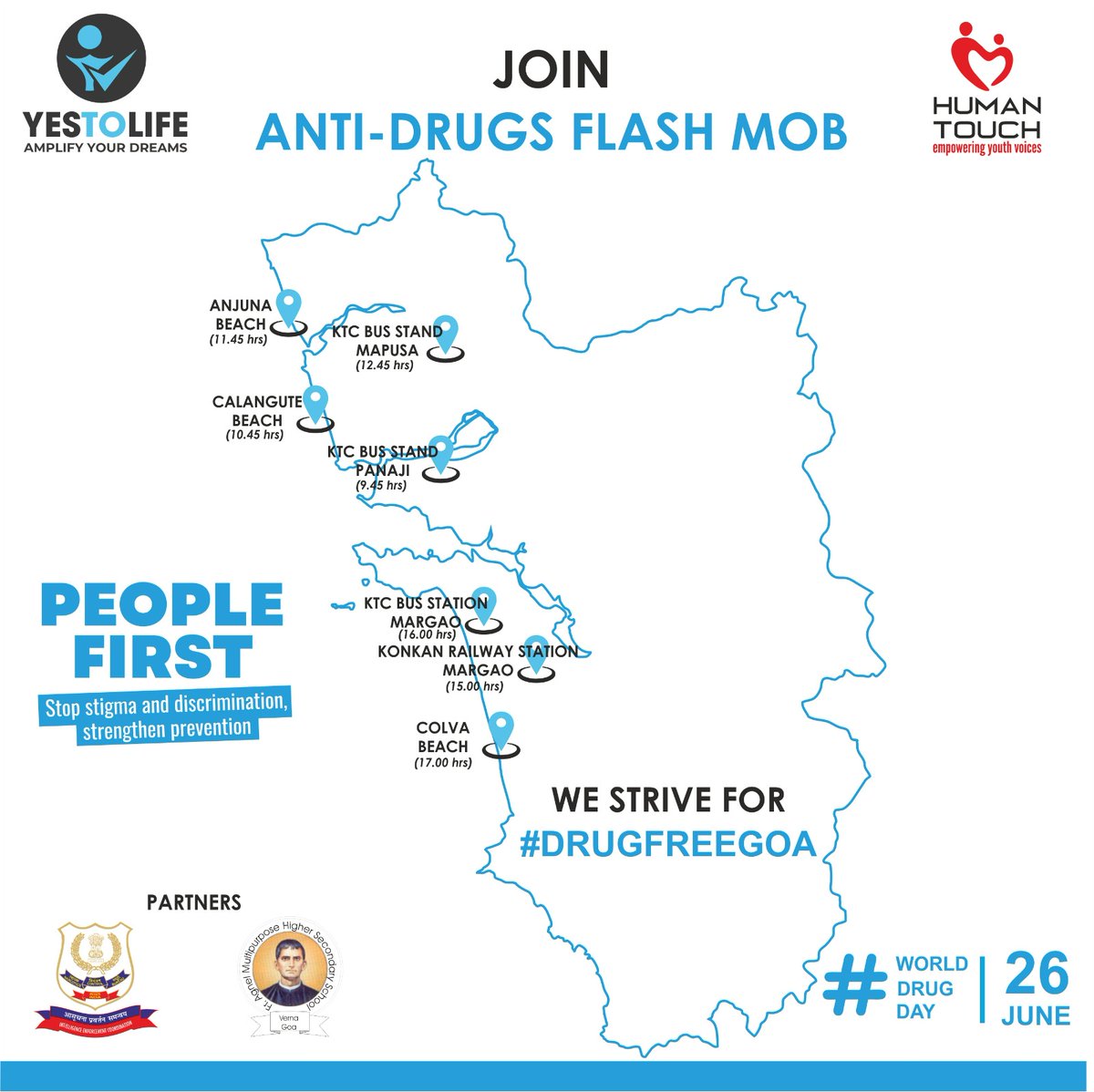 📣 Calling all young people in Goa, India! Join the "Yes to Life" campaign for drug demand reduction.Theme: People First, Stop Stigma, Strengthen Prevention. Flash Mob happening 2day! #YesToLifeGoa #DrugReduction #PeopleFirst #StopStigma #PreventionMatters #FlashMobForChange