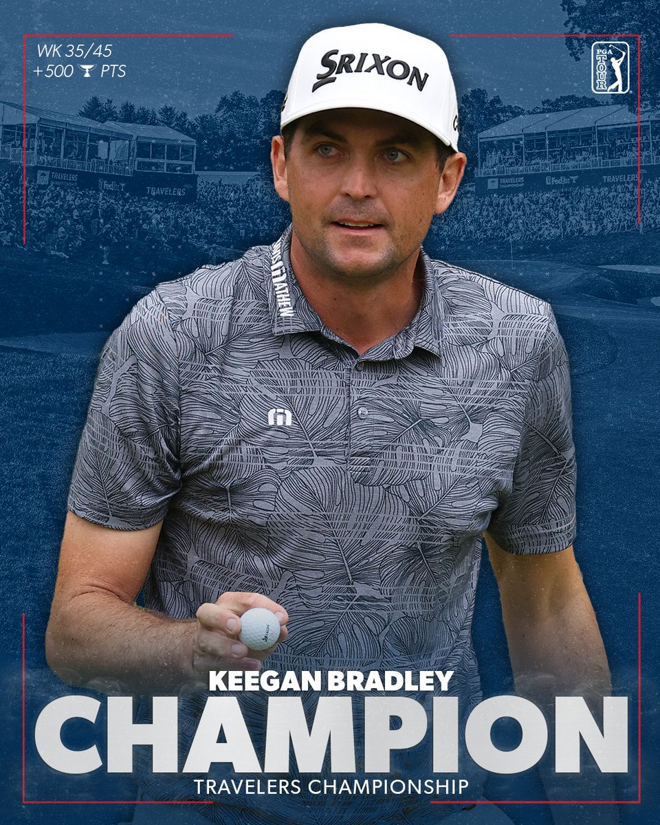 PGATOUR's tweet photo. Winning in his home region of New England 🏆

@Keegan_Bradley claims his sixth TOUR title @TravelersChamp! https://t.co/0DfBMZ2GgS