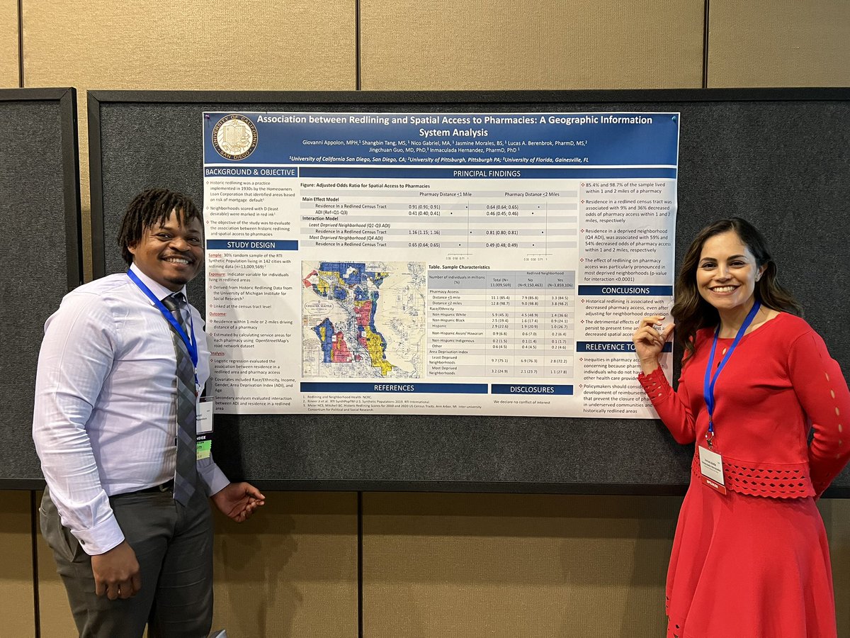Super proud mentor moment🥳😁

@UCSDHealthSci PhD student Gio Appolon selected runner up to best student poster award at @AcademyHealth #ARM2023 for his work on the association between historical redlining and pharmacy access