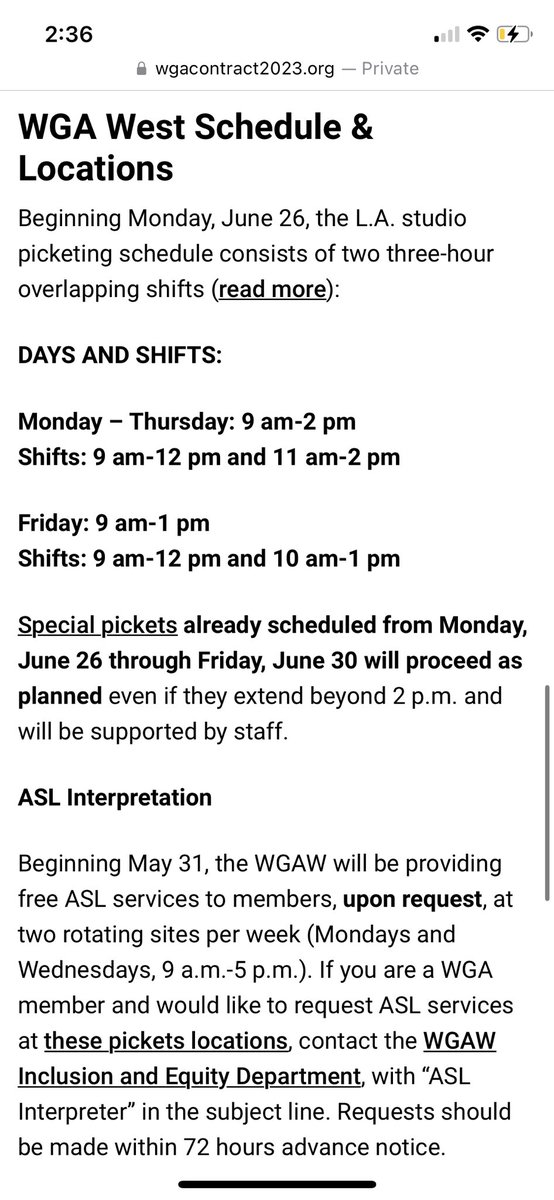 PreWGAStrike's tweet photo. 🪧PICKETING UPDATE🪧
Strike hours are changing for @WGAWest! Picketing hours are now as follows:
Monday – Thursday: 9 am-2 pm
Shifts: 9 am-12 pm and 11 am-2 pm
Friday: 9 am-1 pm
Shifts: 9 am-12 pm and 10 am-1 pm
#PreWGA #WGAStrike #WGAStrong https://t.co/skNK9lI3uc