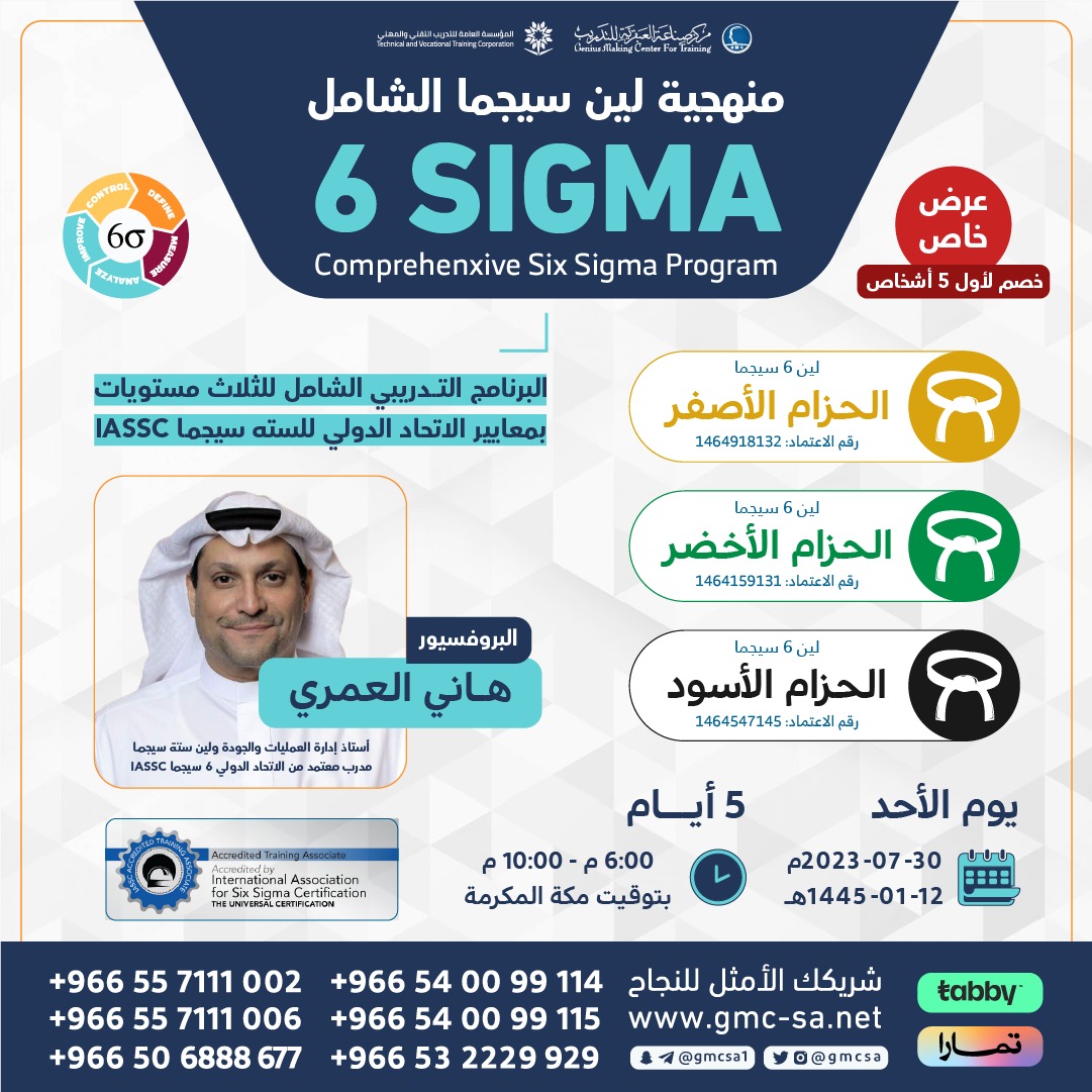 📍البرنامج الشامل 3مستويات × 3شهادات
🟡الأصفر🟢الأخضر⚫الأسود

🥋منهجيه لين6 #SIGMA

أ.د.هاني العمري
<a href="/HaniAlAmri12/">Prof.Hani Alamri</a>

للتسجيل
wa.me/966557111002
wa.me/966557111006

#مركز_صناعة_العبقرية_للتدريب
#دورات #6_سيجما