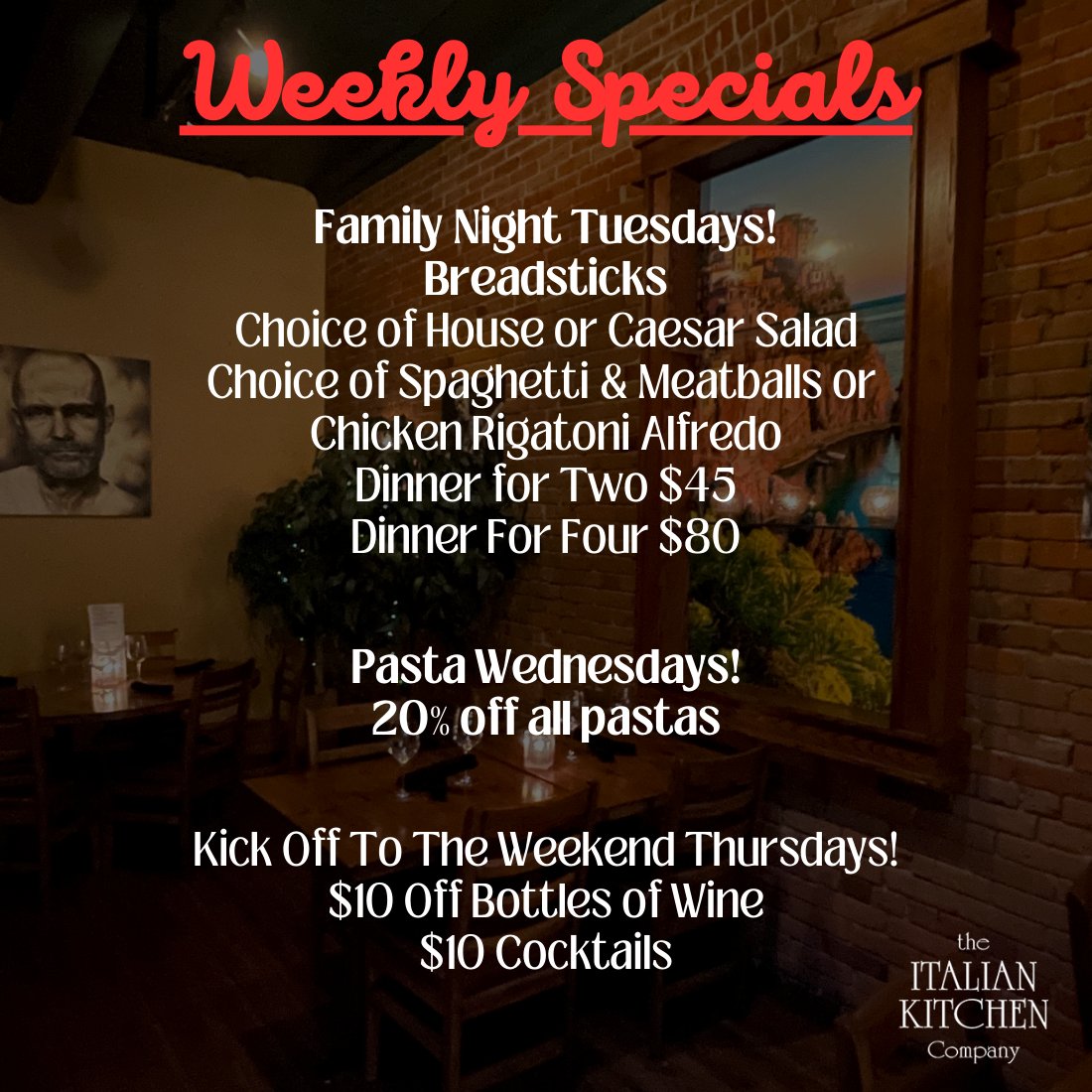 Come see us this week for one or all of our great specials!! 

#italiankitchenvernon #italiancooking #downtownvernon #vernonbc #vernoneats #goodeats #familynight #pastawednesday