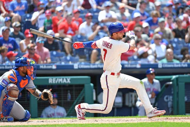 2callmehasnat25's tweet image. #Advantage #Deadspin #Mets #Mistakes #narrow #Phillies #win Phillies take advantage of Mets' mistakes for narrow win tinyurl.com/2ej5ux8u 
Jun 25, 2023; Philadelphia, Pennsylvania, USA; Philadelphia Phillies shortstop Trea Turner (7) hits...