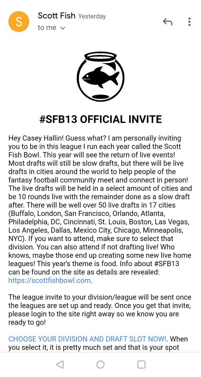 Holy cow! Spend the weekend up North, come home, check the inbox and bam! I'm so excited to meet some amazing people and help raise money for an awesome cause. Thank you! @ScottFish24 #SFB13 #fantasycares