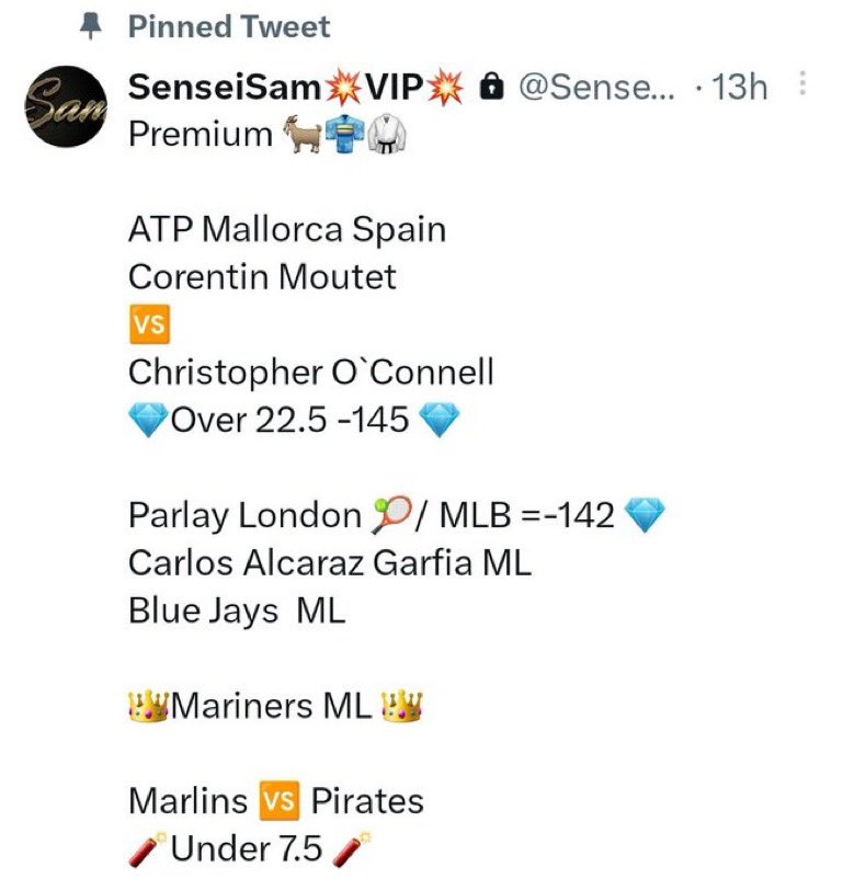 #Provenwinner 

MLB 
Mariners ML (150 Unit)

PardonMyPick 
3000$ Whale Marlins ML

SenseiSam VIP