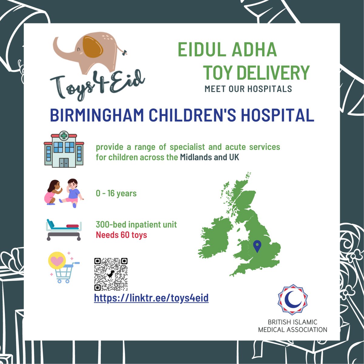 🌙 🎉 We need your help! Toys4Eid was created to help put a smile on children's faces on this joyous occasion despite being in hospital!

🌟 Visit the Amazon wishlist via the link below to buy the toy you want to donate 

🔗 linktr.ee/toys4eid
Deadline: 27th June 2023